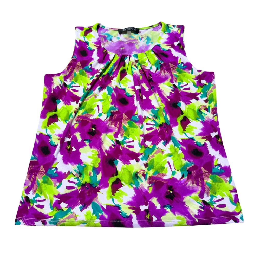 Kasper Women Petite M Pleated Sleeveless Blouse Round Neck Floral Purple Summer